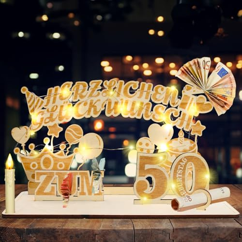 Szhhrxi 2025 Originelle 50. Geburtstag Geldgeschenke mit LED Lichterkette, Geburtstag Deko für Mann Frau Geldgeschenke, Geschenke zum 50 Geburtstag, Holz-Schild Gästebuch, Alles Gute zum 50 (50)