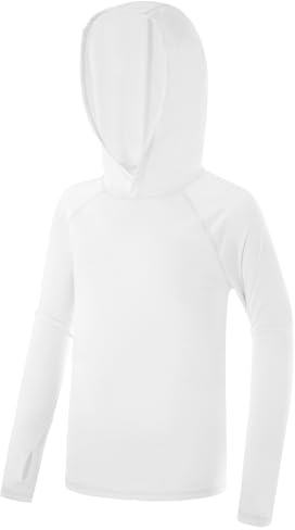 Poekuao Boys Rash Guard Hoodie UPF 50+ Sun Protection Long Sleeve Swim Shirt Quick Dry Kids SPF Surfing Fishing Water Beach Shirts White M