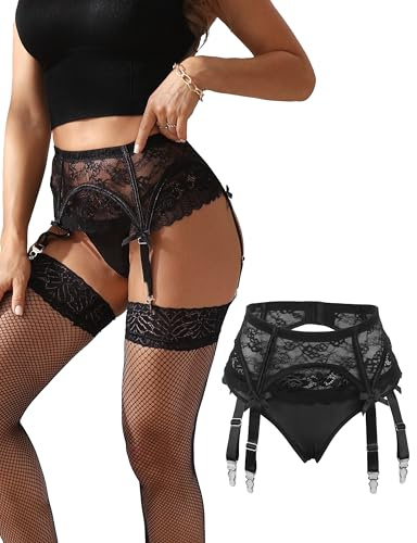 ohmydear Liguero de encaje para mujer con 4 clips, liguero de tallas grandes, sexy con ligas, juego de lencería de cintura alta, juego de tirantes con bragas para Navidad, XS-4XL
