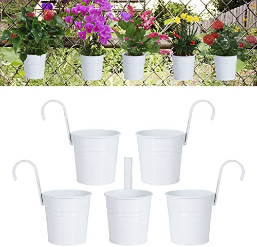 Vasi da Fiori da Giardino in Metallo, Secchi da Appendere con Gancio Rimovibile e Foro di Scarico Esterno, Decorazione per Balcone Giardino Cortile Secchio Fioriera Decor Piccole Piante (5 Pezzi)