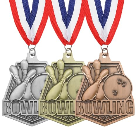 PATIKIL 3 Stück Bowling-Spiele Prägung Gewinnermedaillen Gold/Silber/Kupfer | Auszeichnungsmedaillen, Gold Silber Bronze Preise, Mit roten & weißen & blauen Bändern