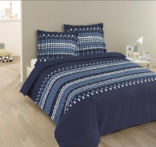 Vision - Parure de lit Jack - 100% Coton - Bleu - Set de Housse de Couette 260x240 cm avec 2 taies d'oreiller pour lit Kingsize 2 Personnes - Fibres Naturelles - Oekotex