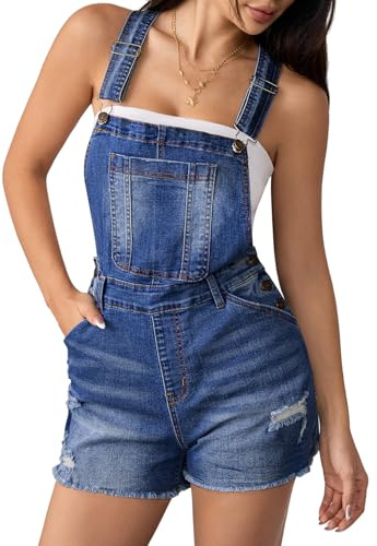 Sovoyontee Latzhosen Damen Jeans Overalls Shorts Casual Verstellbaren Trägern Hohe Taille Latzhose Taschen Dunkelblau S