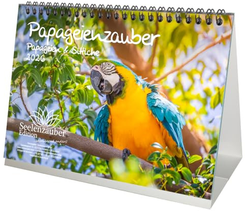 Papageienzauber Papageien und Sittiche DIN A5 Tischkalender für 2026 - Set-Inhalt: 1x Kalender 1x Weihnachtsanhänger 1x Grußanhänger (gesamt 3 Teile)