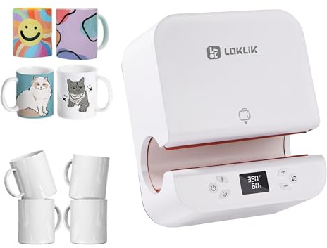 LOKLIK Impress Auto Tumbler Heat Press - Mug Heat Press Machine with 4 Pack Mugs Set & A4 Sublimation Paper, 20 Sheets, 120 GSM - Printmaking Kit, Vinyl Transfer Printing, Auto Shut-Off Craft Printer