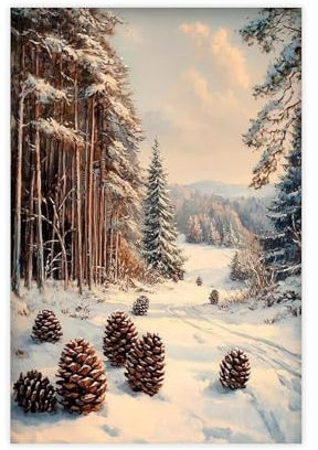 FDBEKPJY Poster mit Retro-Tannenzapfen, Winterlandschaft, Leinwand, Poster, Wandkunst, Dekordruck, Bild Gemälde für Wohnzimmer, Schlafzimmer, Dekoration, 30 x 45 cm