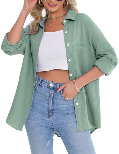 Aottori Camicetta Donna Elegante Camicia con Scollo a V Cotone Blusa Oversize Tinta Unita Camicie con Tasche sul Petto Casual Verde XXL