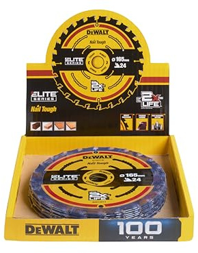 Dewalt 24T Elite Series Circular Saw Blades 165mm (x10 CDU), suitable for ripping and cross-cutting natural timbers and cutting composite wood based sheet materials e.g. Plywood, MDF and chipboard.