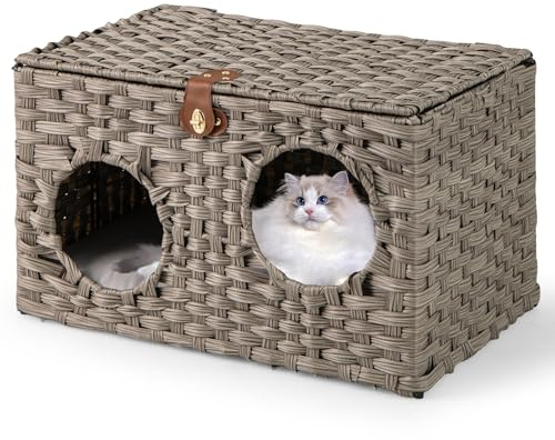 COSTWAY Katzenhaus aus PE-Rattan, Klappbar, Katzenbett mit abnehmbaren Kissen & abschließbarer Deckel, Katzenschrank für kleine mittlere Katzen, Indoor Katzenmöbel, 60 x 35 x 35 cm