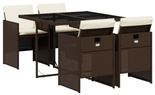 Festnight Set Pranzo Giardino, Set Salotto da Esterno, Set Tavolo E Sedie da Giardino, Tavoli E Sedie da Esterno, 5 pz con Cuscini in Polyrattan Marrone