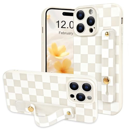 NITITOP Compatible with iPhone 14 Pro Max Case Cute with Wrist Hand Strap Checkboard Checkered Pattern Aesthetic for Women Girls Plaid Adjustable Kickstand Protective Cover - White