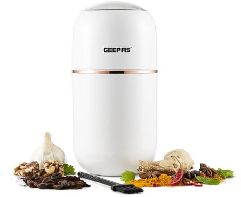 Geepas Coffee Grinder 80 g Capacity | Stainless Steel Bowl & Double Blades | Electric Dried Spice Nuts Herbs Beans Coffee Grinder | Small Fixed Mill with Transparent Lid | 200W, White (Renewed)