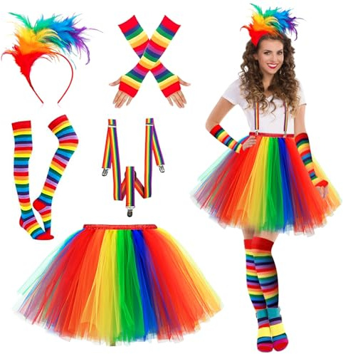 DUOLAM Gonna Tutu Arcobaleno Donna: gonna tutù Tulle con Cerchietto per Capelli con Piume Arcobaleno, Bretelle, Calze al Ginocchio, Guanti Senza Dita, Costume anni '80 per Carnevale Festiva Halloween