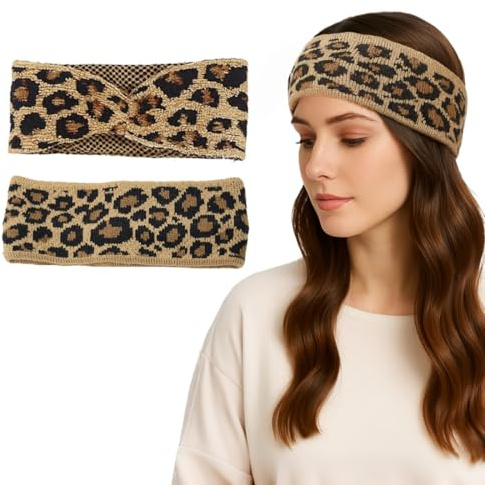 OIXEYA Bandeau Cheveux Femme, 2 Pièces Imprimé Léopard, Cache Oreille, Hiver Chaud, Tricoté, Pratique Cadeau de Noël