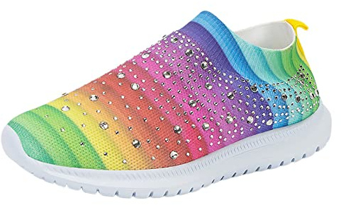 Basket Running Femme Confortable Chaussure Orthopedique Sneaker pour Femmes Chaussures de Sport Décontractées Chaussures de Course En Strass Décor Sans Lacet Course Sneakers Basket Fitness Femme
