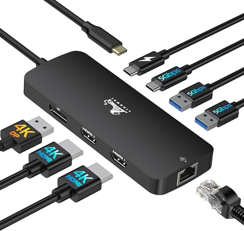 LIONWEI USB C Docking Station 2 Monitore 8 in 1 Laptop Dockingstation | USB-C Hub 3 Monitore mit 2x HDMI 4K, DP, 1Gbps Ethernet, 100W PD, 3x USB 3.0 (USB-A/C), Kompatibel mit Dell, HP, Schwarz
