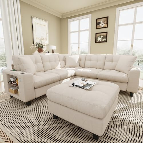 Sapgaks Sofá modular moderno de 6 plazas, con USB y portavasos, sofá de esquina modular muy grande en forma de U/L, con reposapiés extraíble y apoyabrazos con estantería, tela de chenilla, beige