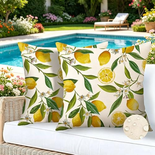 2er Set Outdoor Kissenbezug, 45x45 cm Gelb Zitronen Kissenbezug, Wetterfest Sommer Sofakissen, Kissenbezug Blumen Zitrone, Modern Sommer Kissenbezüge, für Wohnzimmer Sofa Garten Balkon Terrasse