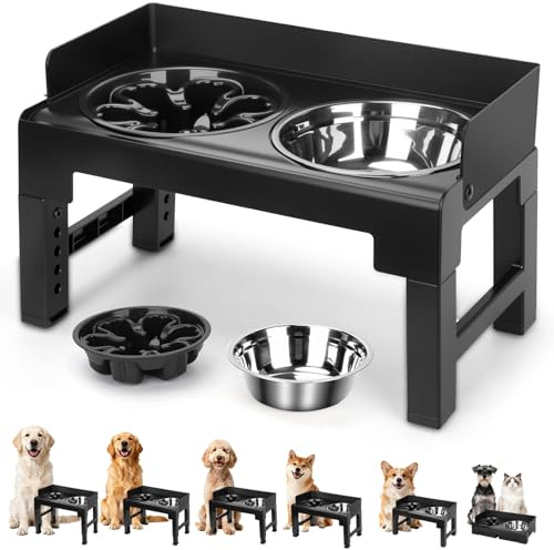 Nobleza Comedero Elevado para Perros Ajustable (6 Alturas), Soporte con Inclinación de 5° o 10° y Borde Antisalpicaduras, 1 x 1000ml Cuenco Acero Inoxidable, 1 x 600ml Comedero Perro Antivoracidad