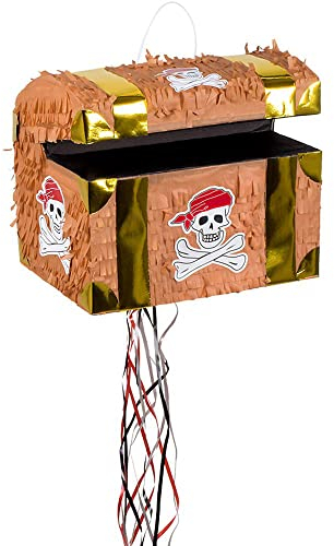 Boland 30935 - Pinata Treasure Chest, 30 x 26 x 23 cm, Brown-Gold, Cardboard, Batting Pinata, Children's Birthday, Theme Party, Celebration, Decoration, Sweets, Gifts