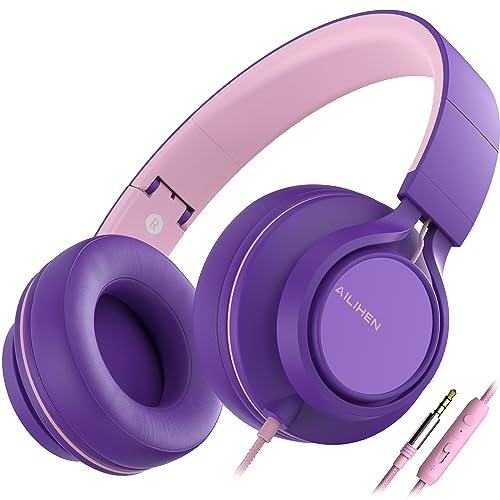 AILIHEN C8 Cuffie Cablate Con Microfono Cuffie On-Ear Pieghevoli e Regolabili Controllo Volume Audio Stereo HD Jack Da 3,5 mm Per Chromebook, Laptop, Smartphone, Studio, Ufficio, Viaggi(Rosa Viola)