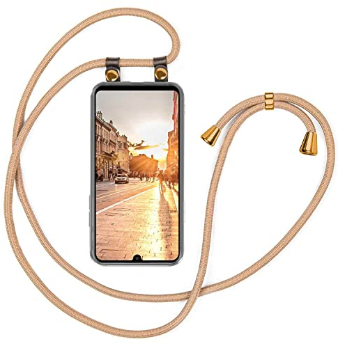 moex Handykette für Huawei P30 Lite/P30 Lite New Hülle mit Band abnehmbar, Handyhülle mit Kette zum Umhängen, Handyband 155 cm lang Stoff Kordel Umhängehülle, Handy Umhängeband, Gold