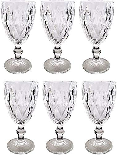 Vintage 6er-Set Farbige Weingläser und Trinkgläser mit Diamant Muster (Rombus) Longdrinkgläser, Cocktail Gläser mit Prägung, Glas, Trinkglas, Weinglas, Wasserglas, Glaskelche (Klar Weinglas)
