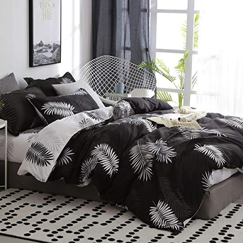 Bettwäsche 155x220 80x80 cm Schwarz Weiß Palmenblätter Wendebettwäsche Set | Oeko tex, Microfaser, Tropische Blätter, Wende, Bettbezug, Reißverschluss, Kissenbezug 80x80 cm