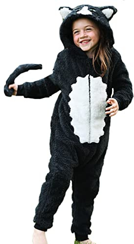 Combinaison pour garçons ou filles - Chat noir et blanc moelleux avec queue - Costumes d'animaux AllinOnes pour enfants, Chat blanc noir, 3-4 ans