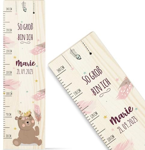 GRAVURZEILE Messlatte für Kinder aus Holz - Teddy Rosa Design - mit Namen für Kinderzimmer - Skala misst 80-140 cm - Größe 20 x 70 x 2 cm - Geschenk zur Geburt für Mädchen & Jungen