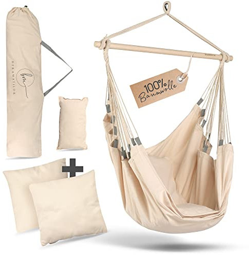 BELLAMATILDA Hängesessel 100% Baumwolle + 360° Montagezubehör, extra lang und 3 Kissen, Hängesessel Outdoor & Indoor, XXL-Hängesitz für Erwachsene & Kinder bis 150 kg, Garten, Wohnzimmer, Balkon-(b)