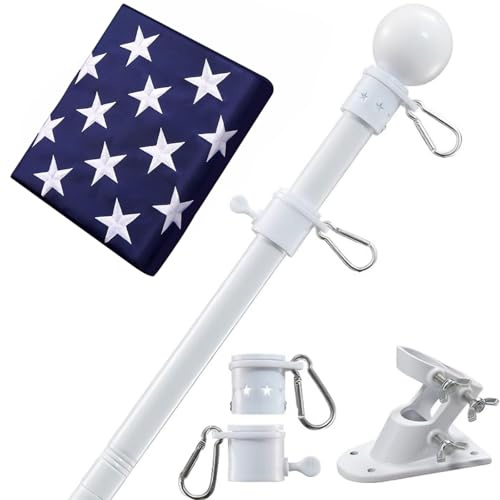 Hausflaggenmast mit amerikanischer Flagge – Fahnenmasten Wohnset mit 1.8 m verhedderungsfreiem Metall-Fahnenmast, 7.6x12.7 cm bestickte US-Flagge, Halterung, Veranda, Outdoor-Weiß