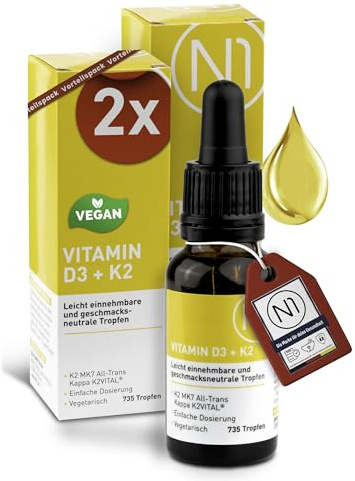 N1 Vitamin D3 K2 Tropfen 2x20ml - Hochdosiert & Optimal Dosiert | Premium mit 99,7% All-Trans K2VITAL von Kappa und bioverfügbarem D3 - für Knochen, Zähne und Immunsystem, ohne Zusätze