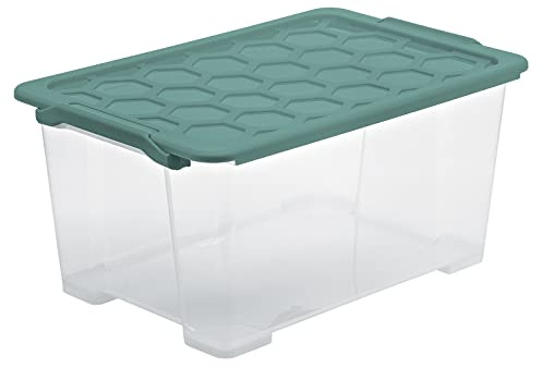 Rotho Evo Safe Keeping Aufbewahrungsbox mit Deckel 44 L transparent grün | Aufbewahrungsboxen für Kleidung und Spielzeug, transparenter Behälter, Verschlussclips, ineinander und übereinander stapelbar