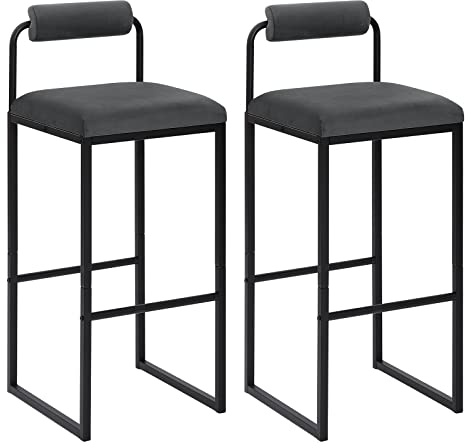WOLTU Barhocker 2er Set, Hochstuhl mit Rückenlehne, Samt, Dunkelgrau | Barstuhl mit Fußstütze, Polsterhocker aus Metall, ergonomischer Hocker, für Küche, Esszimmer