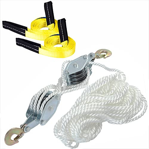 4000LB 65 Feet Rope Hoist Pulley 2 Ton Wheel Block and Tackle System 7:1 Ratio Lifting Power (Hoist with Sling)