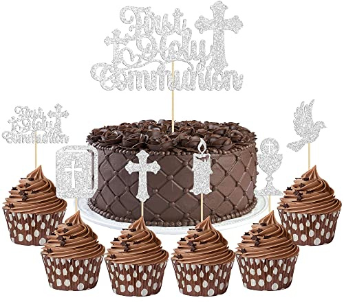 Gyufise Cupcake-Topper für die Erstkommunion, glitzernde Erstkommunion, Tortenaufsatz, Gott Segen, Taube, Kreuz, Cupcake-Picks, Gott, christliche Taufe, Thema, Babyparty, Geburtstag, Party, Silber, 25
