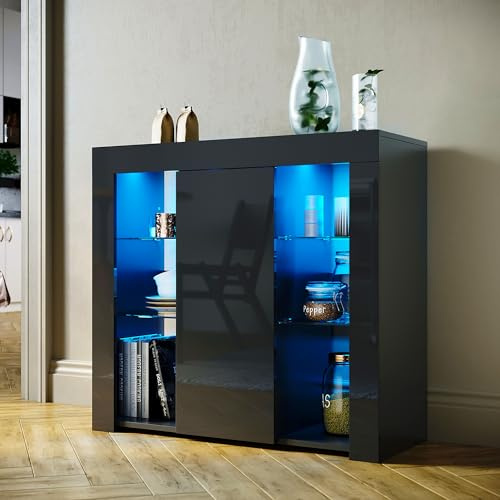 SUNXURY Kommode Sideboard mit LED-Leuchten Schwarz Beistellschrank mit 1 Türen und Offene Glas Regale modern Küchenschrank für Wohnzimmer 90 x 35 x 83cm