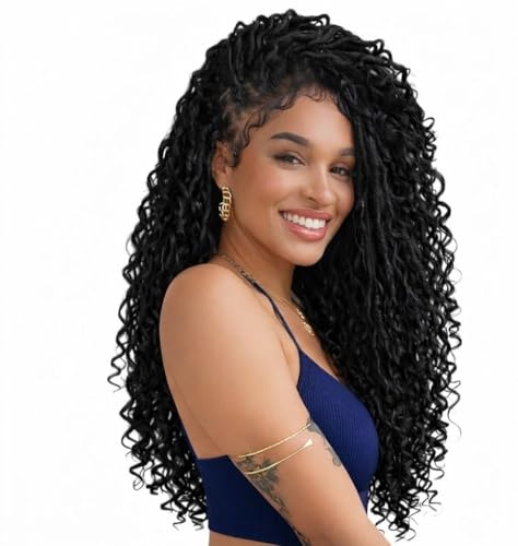 Faux Locs Curly Boho Braid Hair - extension per trecce a crochet capelli dall’ aspetto naturale Kanekalon - 120 ciocche 600 grammi divisi in 5 pezzi + 3 accessori in omaggio (1B, 55cm 22)