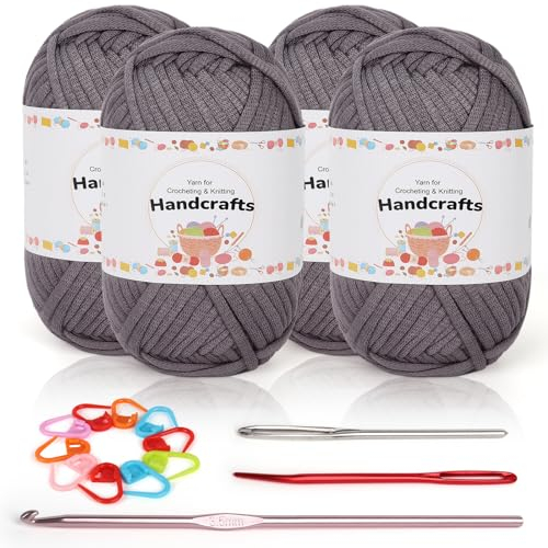 Coopay 4 x 50g Baumwolle Häkelwolle für Anfänger, Gut Sichtbare Maschen Garn Häkelgarn mit Häkelzubehör, Chunky Wolle zum Häkeln, Dickes Baumwoll-Nylon-Mischgarn für Tasche, Puppen - Dunkelgrau