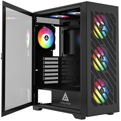 Apevia EVOLUTION-BK Evolution Mid Tower Gaming PC Case w/ 6x 120mm PWM ARGB Fans, 366 RGB Light Modes, 1x Metal Plate Mesh Front Panel, 1x Door Swivel Style Magnetic Glass Side Panel, 2x USB3.0, Black