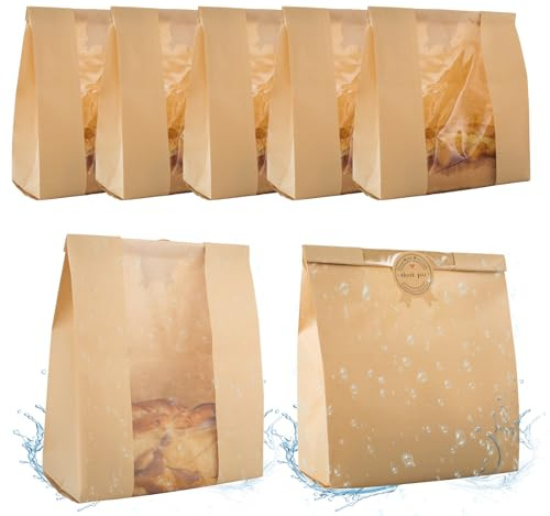 50 Pcs Bread Bags for Homemade Bread With Window Sourdough Paper bread Bags.(13.7x8.2x3.7 in),Packaging & Storage of Baked Goods Suitable for Bakers.Package includes 60 Cute Sealing Stickers.