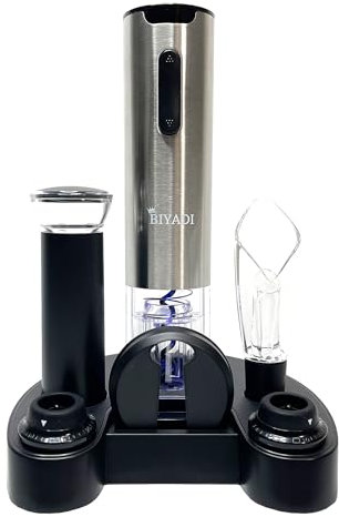 BIYADI Electric Wine Opener Set with 6-in-1 Wine Accessories, Rechargeable Automatic Electric Corkscrew, Foil Cutter, Wine Pourer, Vacuum Pump, 2 Wine Stoppers, Charging Stand- Wine Lover Gift Set