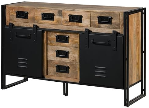 MASSIVMOEBEL24.DE | Blackburn Sideboard aus Massivholz u. Eisen #110 | Mangoholz - Natur, lackiert | 150x45x90 cm | 2 Türen, 4 Fächer und 7 Schubladen | Spind-Optik | Kommode Wohnzimmer-Schrank