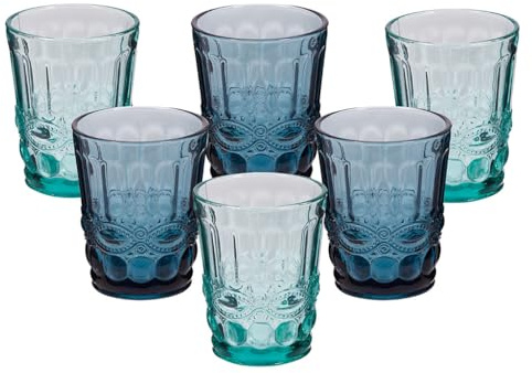 Dibor Drinking Glasses Set of 6 - Blue & Turquoise Dishwasher Safe Coloured Wine Glasses & Tumbler Glasses Vintage Style Baroque Embossed Glassware with Bevelled Effect Finish (Tumblers)