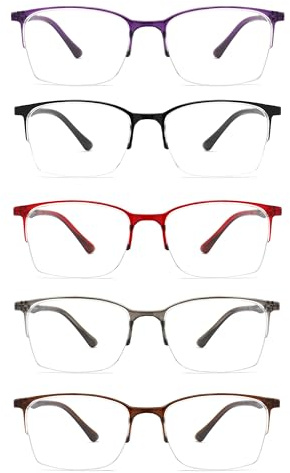 SUNAMOY 5 Pack One-Piece Half Frame Reading Glasses Women Men Flexible Blue Light Computer Lightweight comfort Readers +200 Magnification Strength