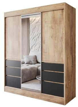 Easy4You L1 180 cm Lefaks Schiebetüren Kleiderschrank 180x216x65 cm mit Spiegel - Schlafzimmermöbel, Aufbewahrung - Mehrzweckschrank