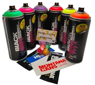 PROGAL COLORS Montana Black Spraydosen-Set, Neon-Leuchtfarben, 6 x 400 ml + 6 Ersatzdüsen in verschiedenen Größen von Montana