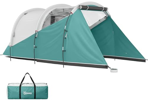 Outsunny Tunnelzelt, Campingzelt für 3 Personen, Familienzelt mit 2 Räumen, Tragetasche, 3000mm Wasserabweisend groß Gruppenzelt, für Garten, Campingplatz, Grün