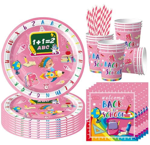 68 Stück Einschulung Partygeschirr Set für 16 Schulkind, Pappteller Einschulung Servietten Becher, Schulanfang Deko Party Tischdeko Zubehör Mädchen